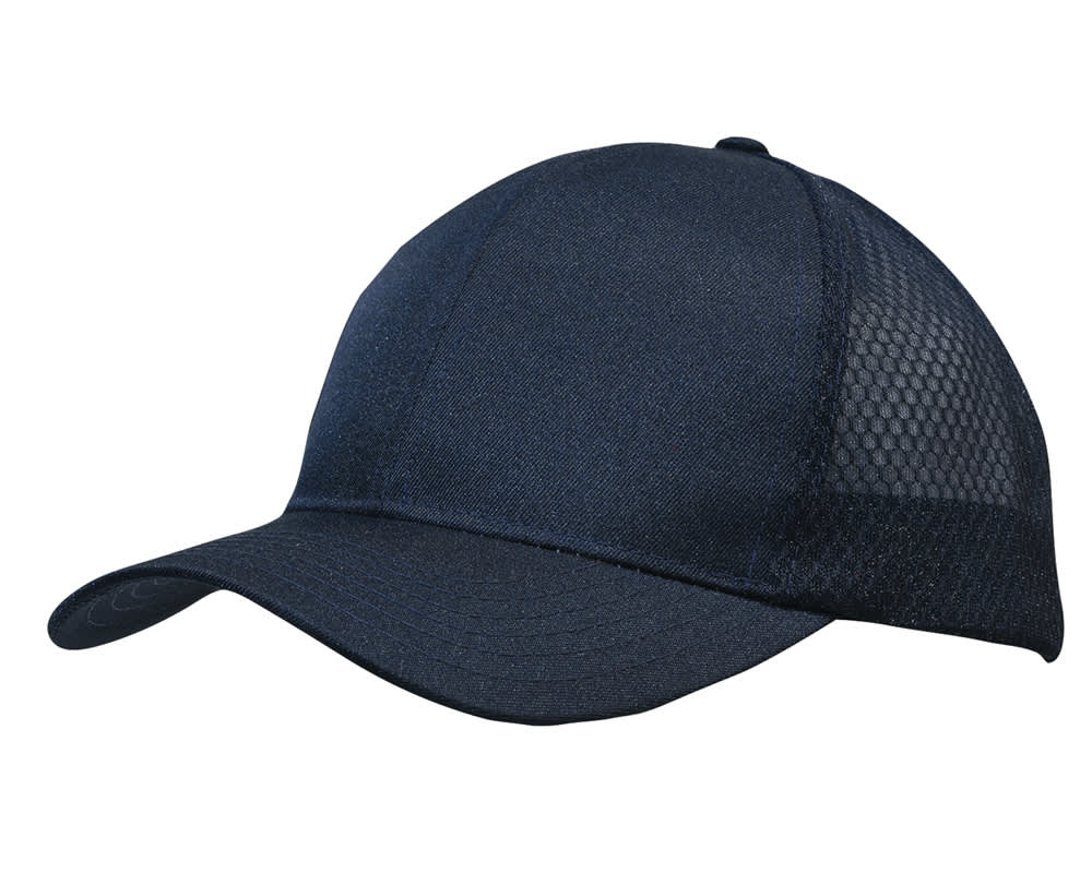Breathable poly twill with honeycomb mesh HE-3972 A navy cap made from breathable poly twill with honeycomb mesh panels, featuring a logo on the front.