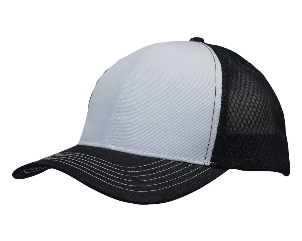 Breathable poly twill with honeycomb mesh HE-3972 A cap featuring breathable poly twill and honeycomb mesh, in white and black, with a curved peak and stitched details.