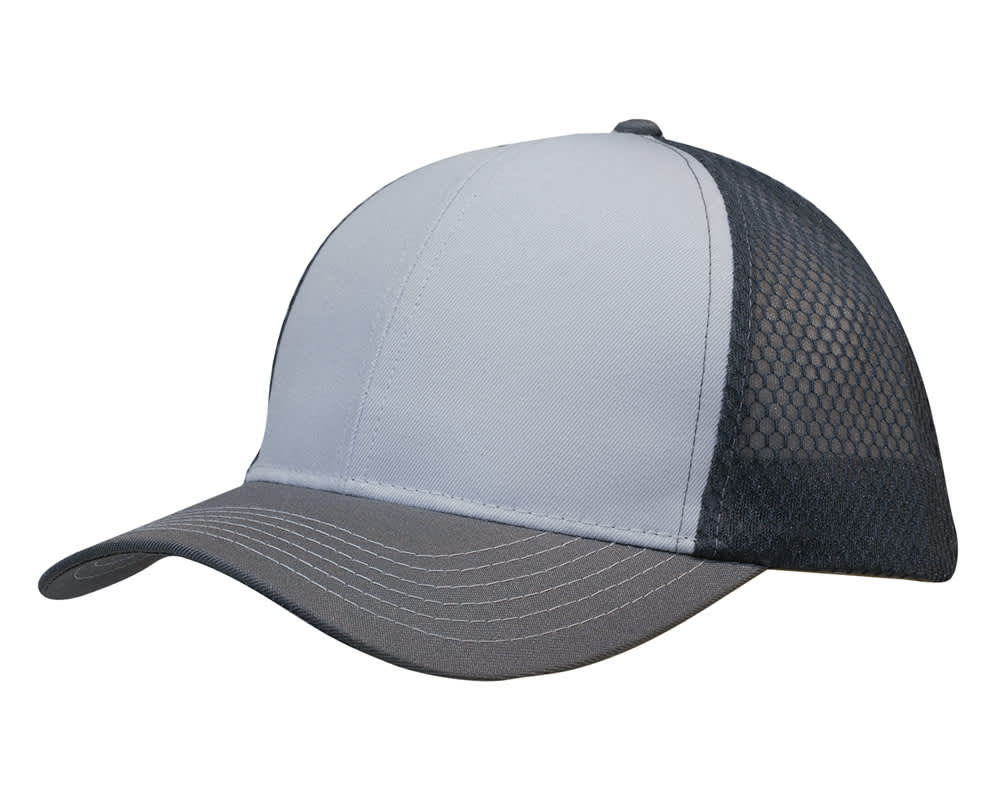 Breathable poly twill with honeycomb mesh HE-3972 A breathable poly twill cap with honeycomb mesh, featuring a light grey front and dark grey back.