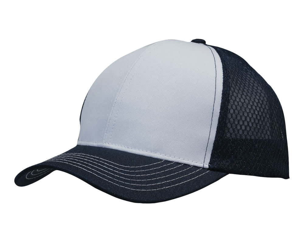 Breathable poly twill with honeycomb mesh HE-3972 A breathable poly twill cap in white and navy blue with honeycomb mesh panels and a curved brim.