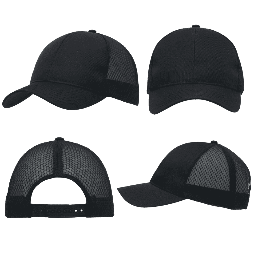 Breathable poly twill with honeycomb mesh HE-3972 A black cap featuring breathable poly twill and honeycomb mesh, displayed from multiple angles.