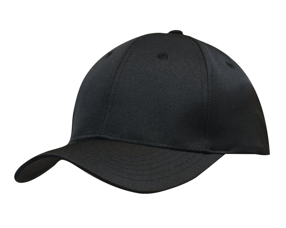 Premium Pioneer Sports Twill HE-3973 A black cap featuring a curved brim and a logo. The fabric appears smooth and durable.