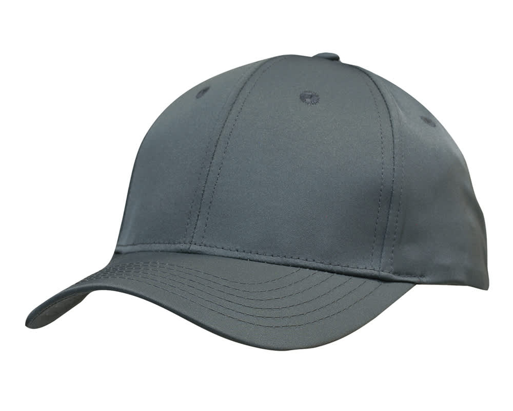Premium Pioneer Sports Twill HE-3973 A grey cap featuring a curved brim and a branding logo. The fabric has a smooth finish.