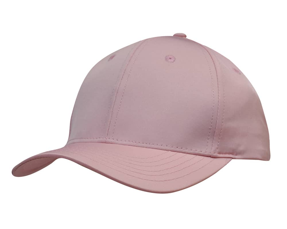 Premium Pioneer Sports Twill HE-3973 A pink sports cap made from twill fabric, featuring a rounded crown and a curved brim, with a logo present.