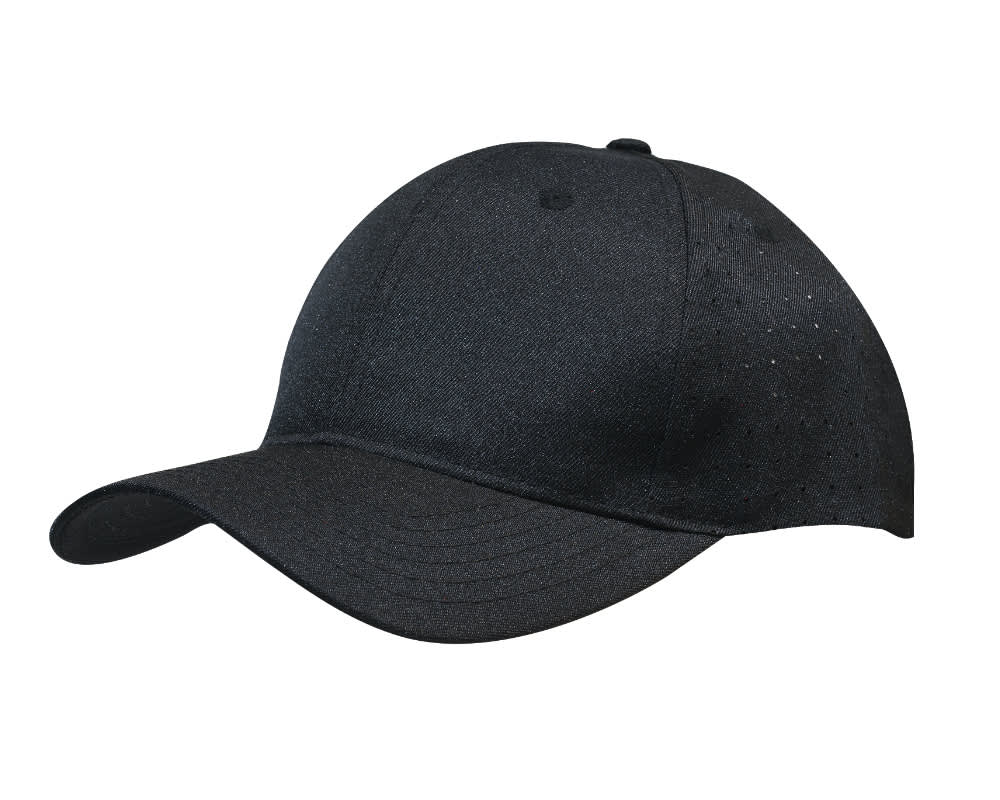 Breathable Poly Twill with circle perforations HE-3975 A black cap made from breathable poly twill with circle perforations and a logo.