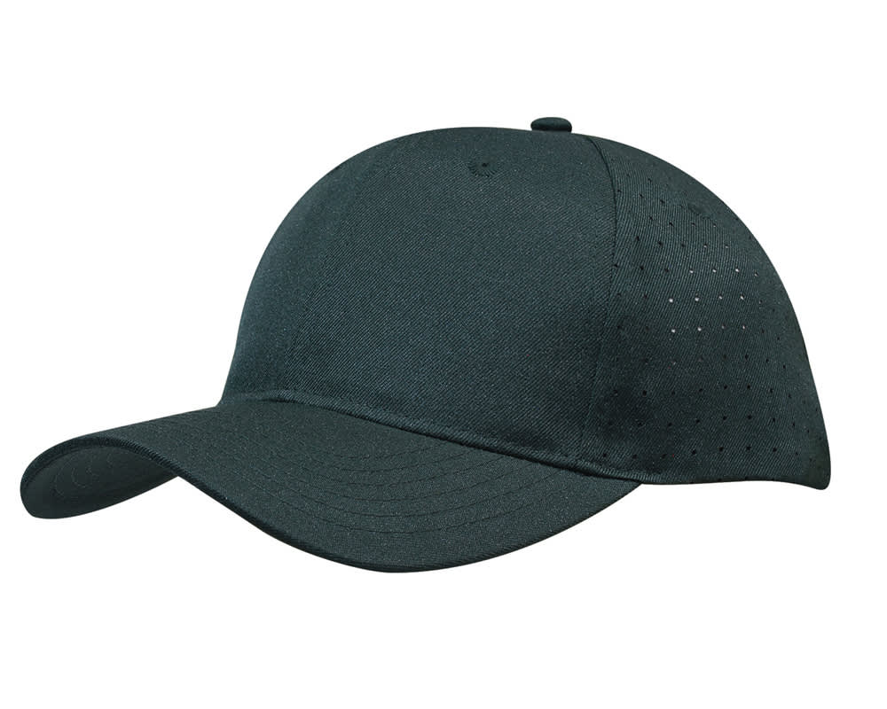 Breathable Poly Twill with circle perforations HE-3975 A dark green cap featuring breathable poly twill with circle perforations and a logo.