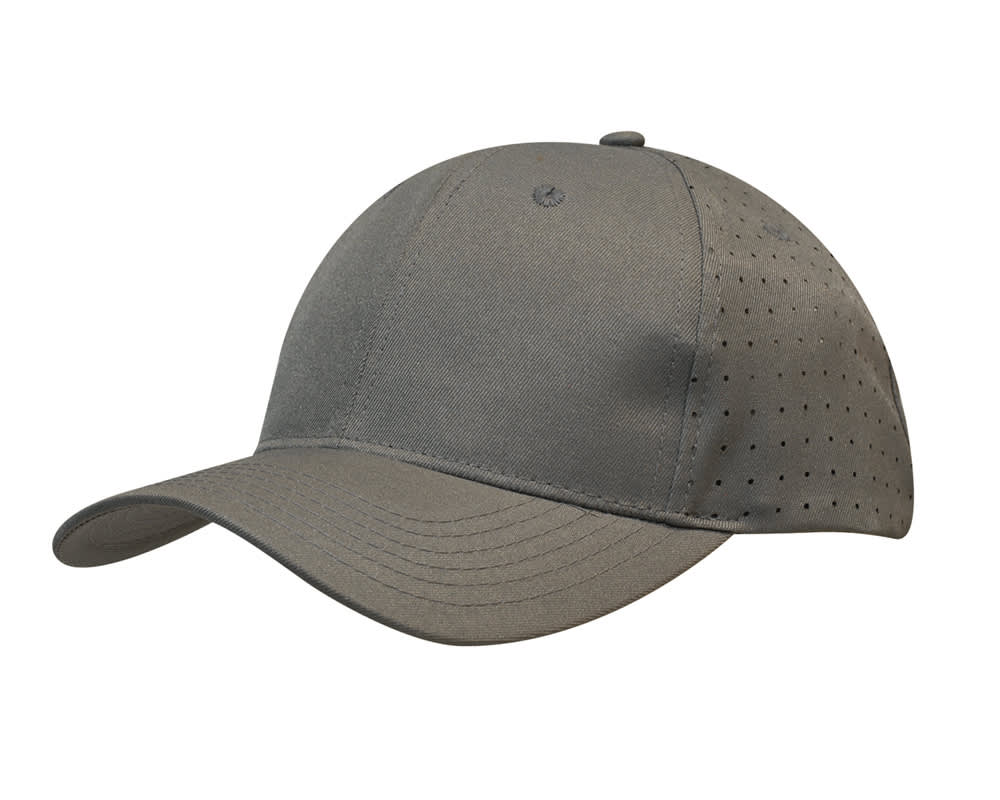 Breathable Poly Twill with circle perforations HE-3975 A grey cap made from breathable poly twill featuring circle perforations and a logo.