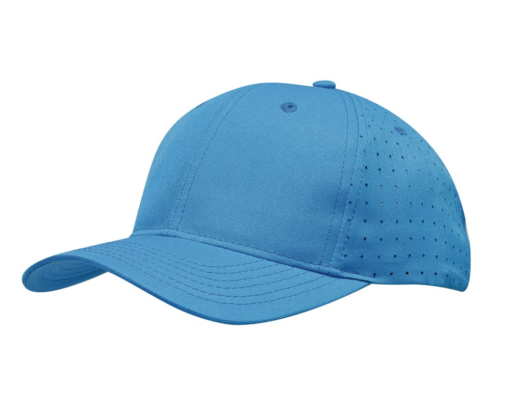 Breathable Poly Twill with circle perforations HE-3975 A blue cap made from breathable poly twill featuring circle perforations, designed for headwear. It has a logo.