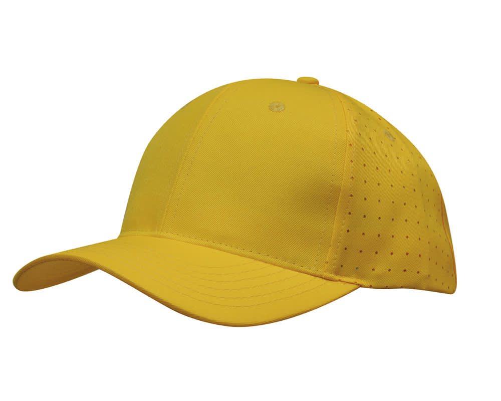 Breathable Poly Twill with circle perforations HE-3975 A yellow cap made from breathable poly twill featuring circle perforations, with a curved peak and a vented design.