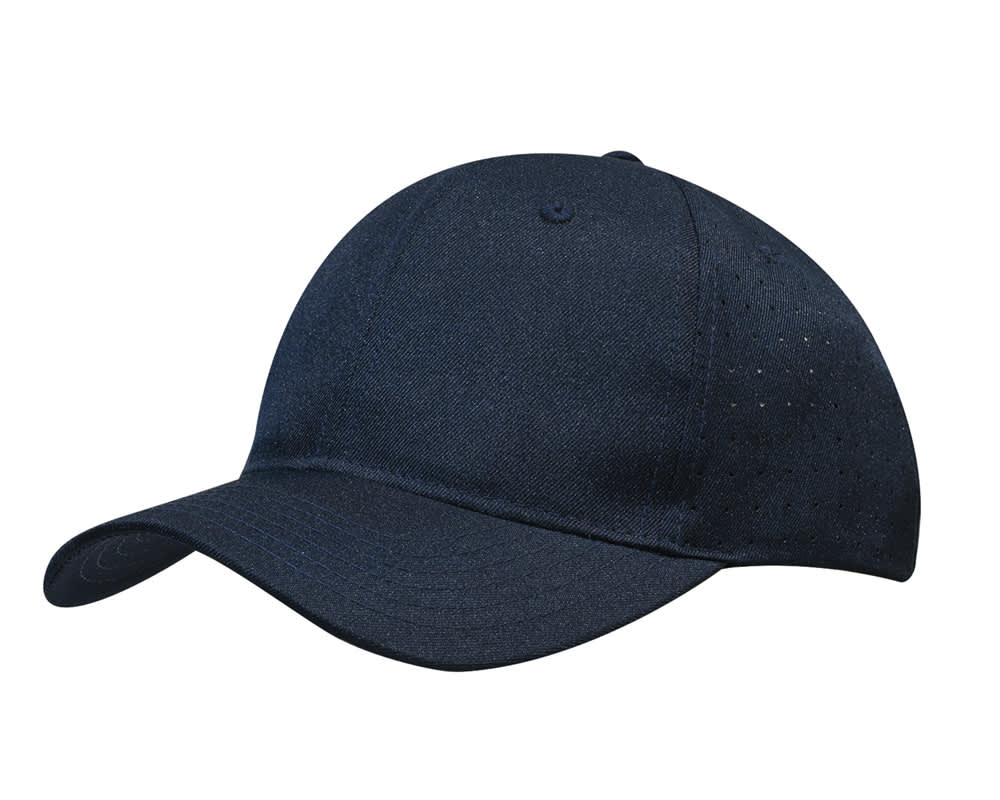 Breathable Poly Twill with circle perforations HE-3975 A navy blue cap made of breathable poly twill, featuring circle perforations and a logo.