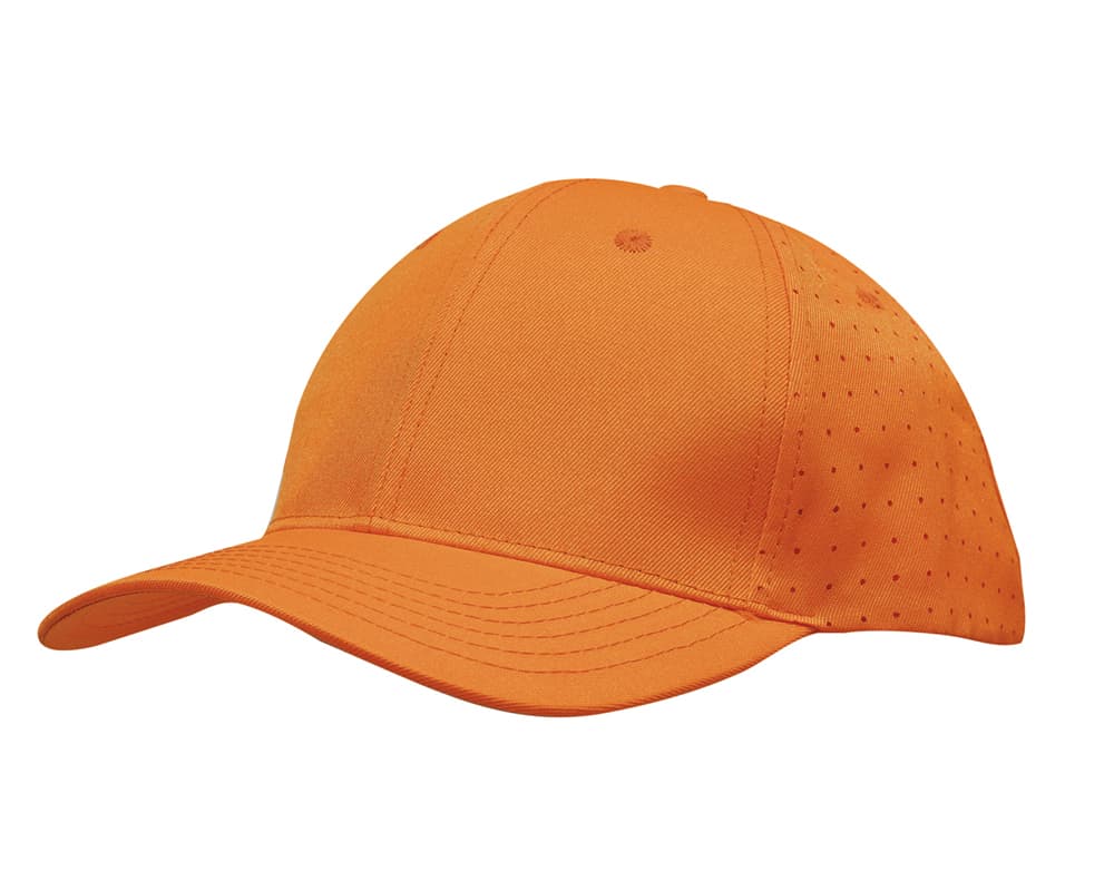 Breathable Poly Twill with circle perforations HE-3975 An orange cap made from breathable poly twill, featuring circle perforations and a logo.
