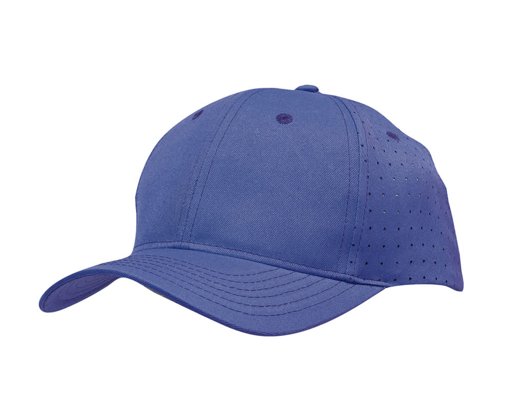 Breathable Poly Twill with circle perforations HE-3975 A purple cap made from breathable poly twill with circular perforations, featuring a stitched brim and a logo.