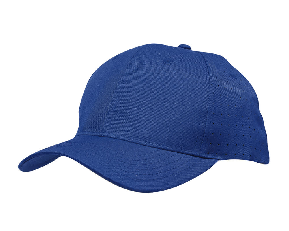 Breathable Poly Twill with circle perforations HE-3975 A blue breathable poly twill cap featuring circle perforations and a simple design. It includes a logo.