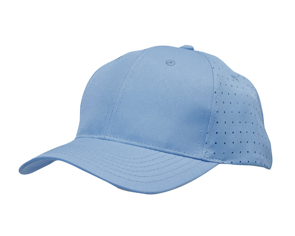 Breathable Poly Twill with circle perforations HE-3975 A light blue cap with breathable poly twill fabric and circle perforations, featuring a logo.