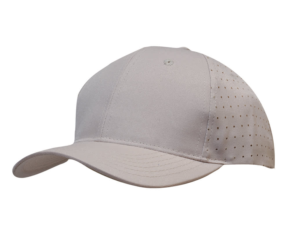 Breathable Poly Twill with circle perforations HE-3975 A beige cap made from breathable poly twill, featuring circle perforations on the side and a curved brim.