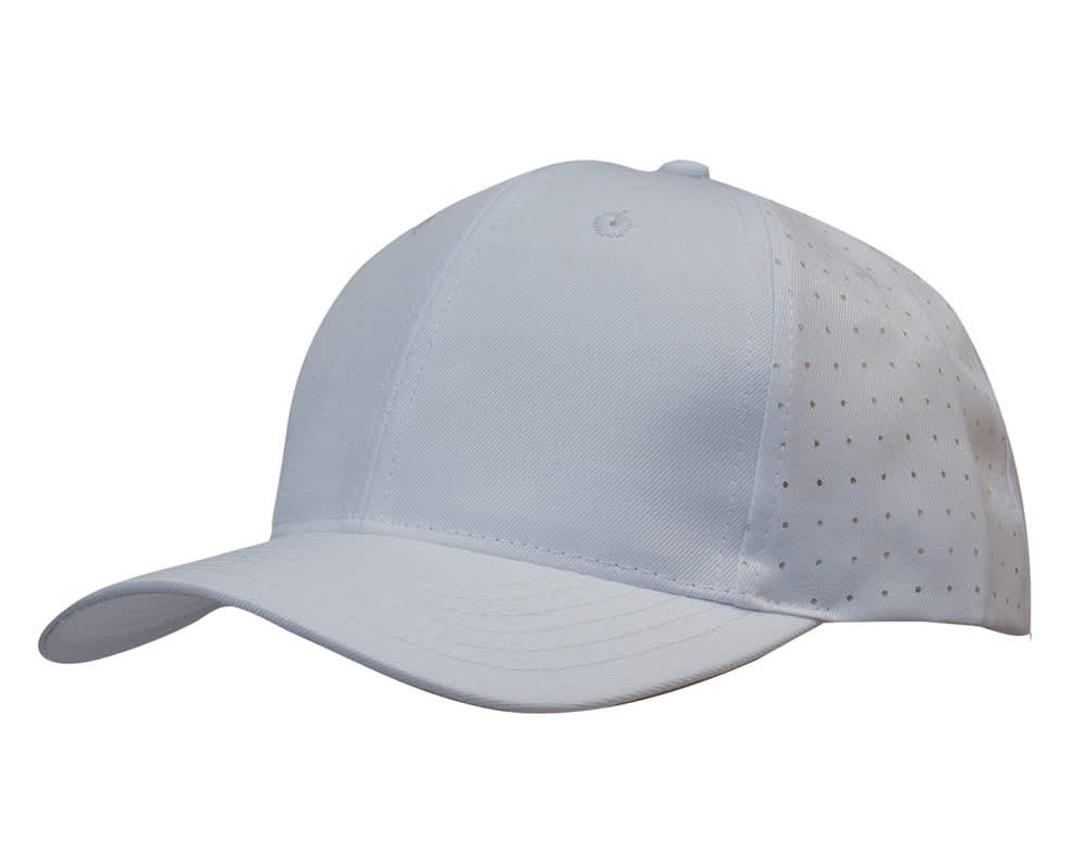 Breathable Poly Twill with circle perforations HE-3975 A white cap with breathable poly twill and circle perforations, featuring a logo on the front.