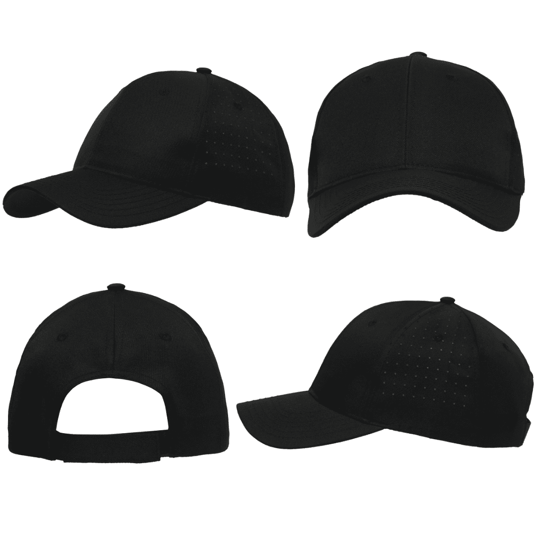 Breathable Poly Twill with circle perforations HE-3975 A black cap featuring breathable poly twill material and circle perforations, showcased from multiple angles.