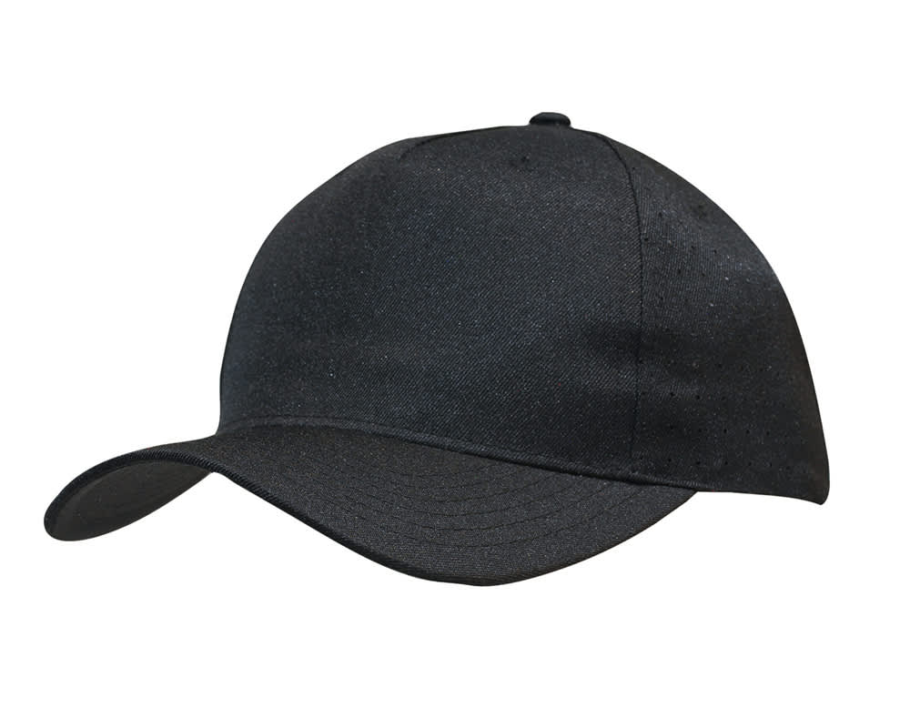 Breathable Poly Twill with circle perforations HE-3976 A black cap with a curved brim and breathable poly twill fabric, featuring circular perforations and a logo.