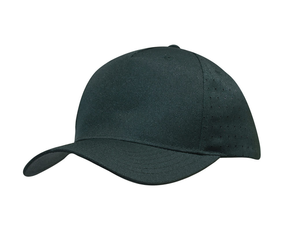 Breathable Poly Twill with circle perforations HE-3976 A black cap made of breathable poly twill featuring circle perforations, with a curved brim and an unembellished design.