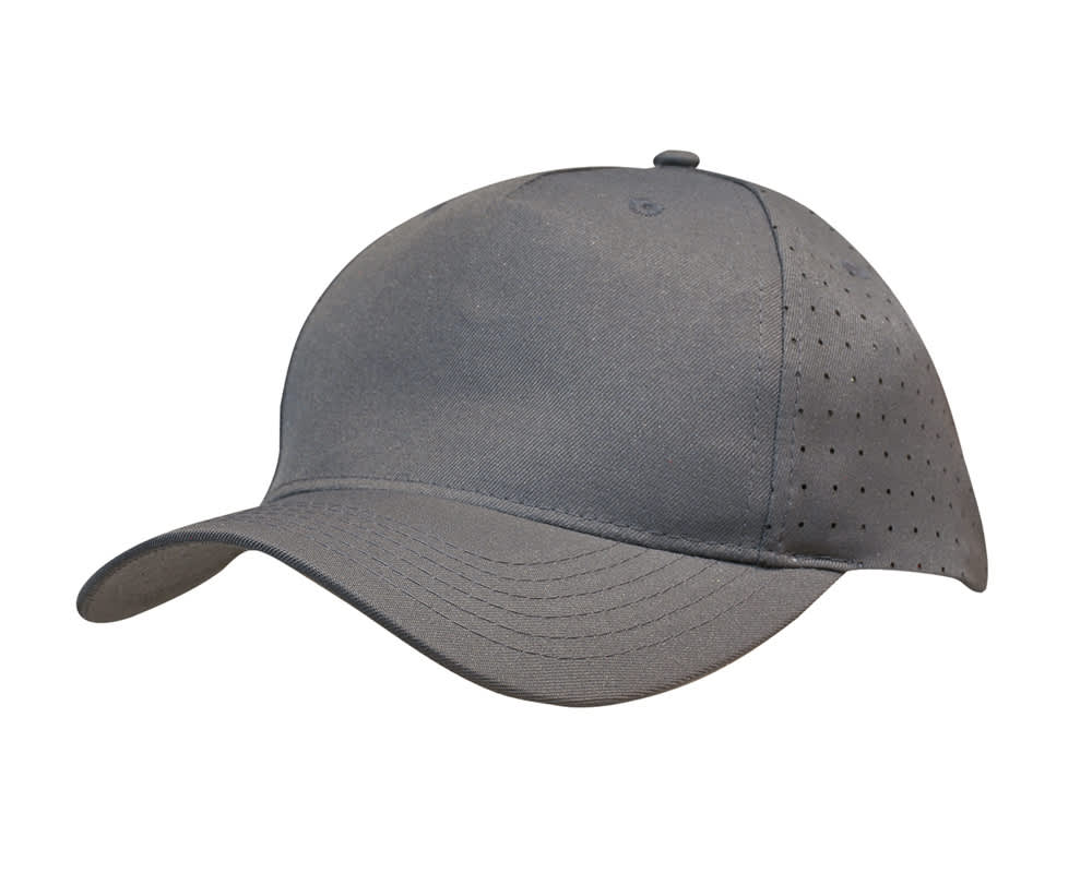 Breathable Poly Twill with circle perforations HE-3976 A grey cap made of breathable poly twill featuring circle perforations, with a front peak and a subtle logo.