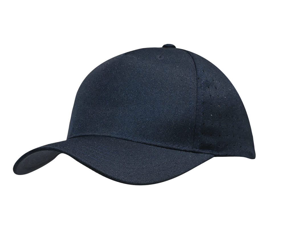 Breathable Poly Twill with circle perforations HE-3976 A navy cap with breathable poly twill fabric and circular perforations, featuring a logo.