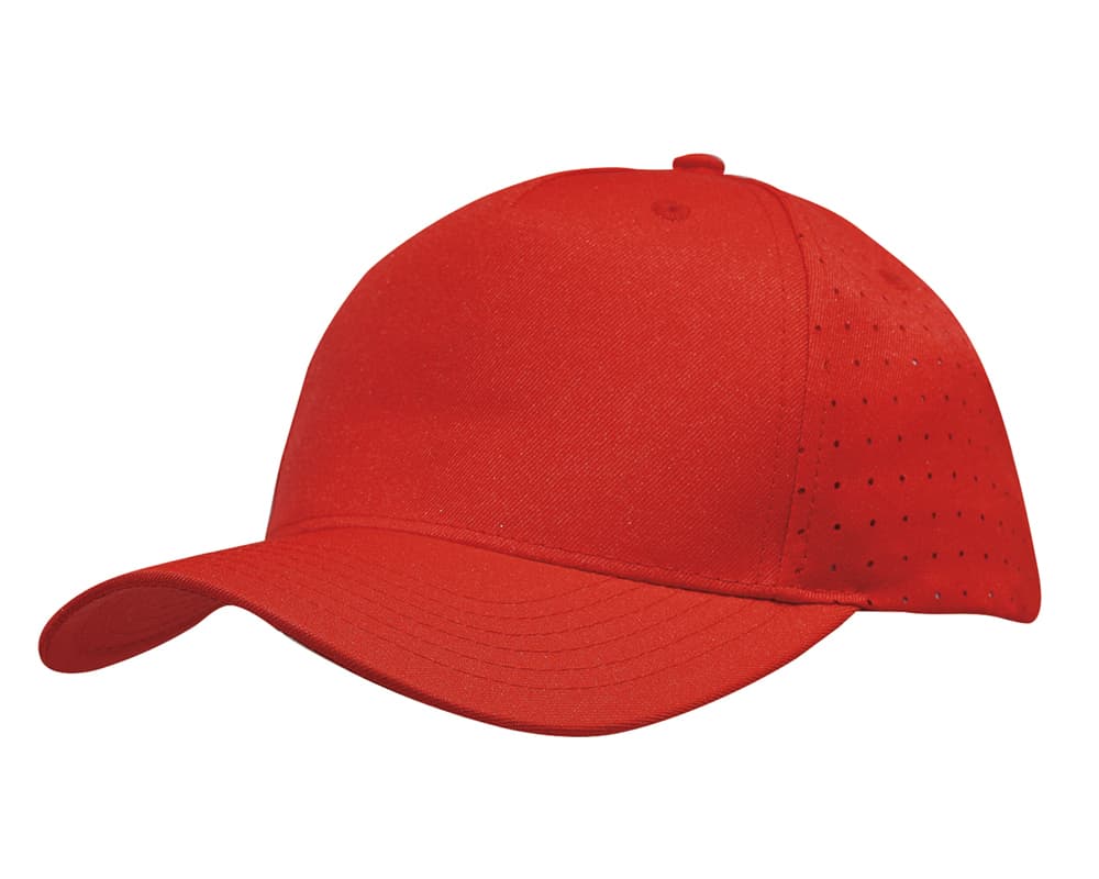 Breathable Poly Twill with circle perforations HE-3976 A red cap with breathable poly twill material and circle perforations, featuring a logo.