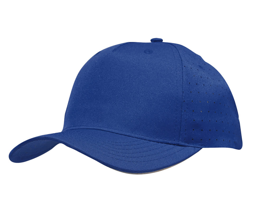 Breathable Poly Twill with circle perforations HE-3976 A blue cap featuring breathable poly twill fabric with circle perforations and a logo.