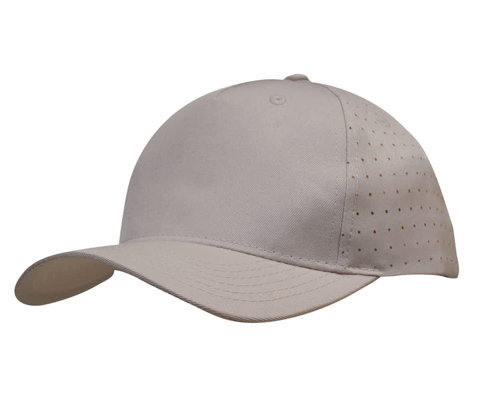 Breathable Poly Twill with circle perforations HE-3976 A light grey cap made from breathable poly twill, featuring circle perforations for added ventilation and a logo.