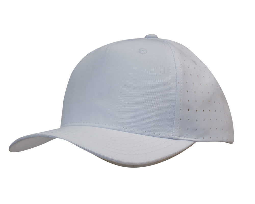 Breathable Poly Twill with circle perforations HE-3976 A white cap made of breathable poly twill with circular perforations, featuring a curved brim and a logo.