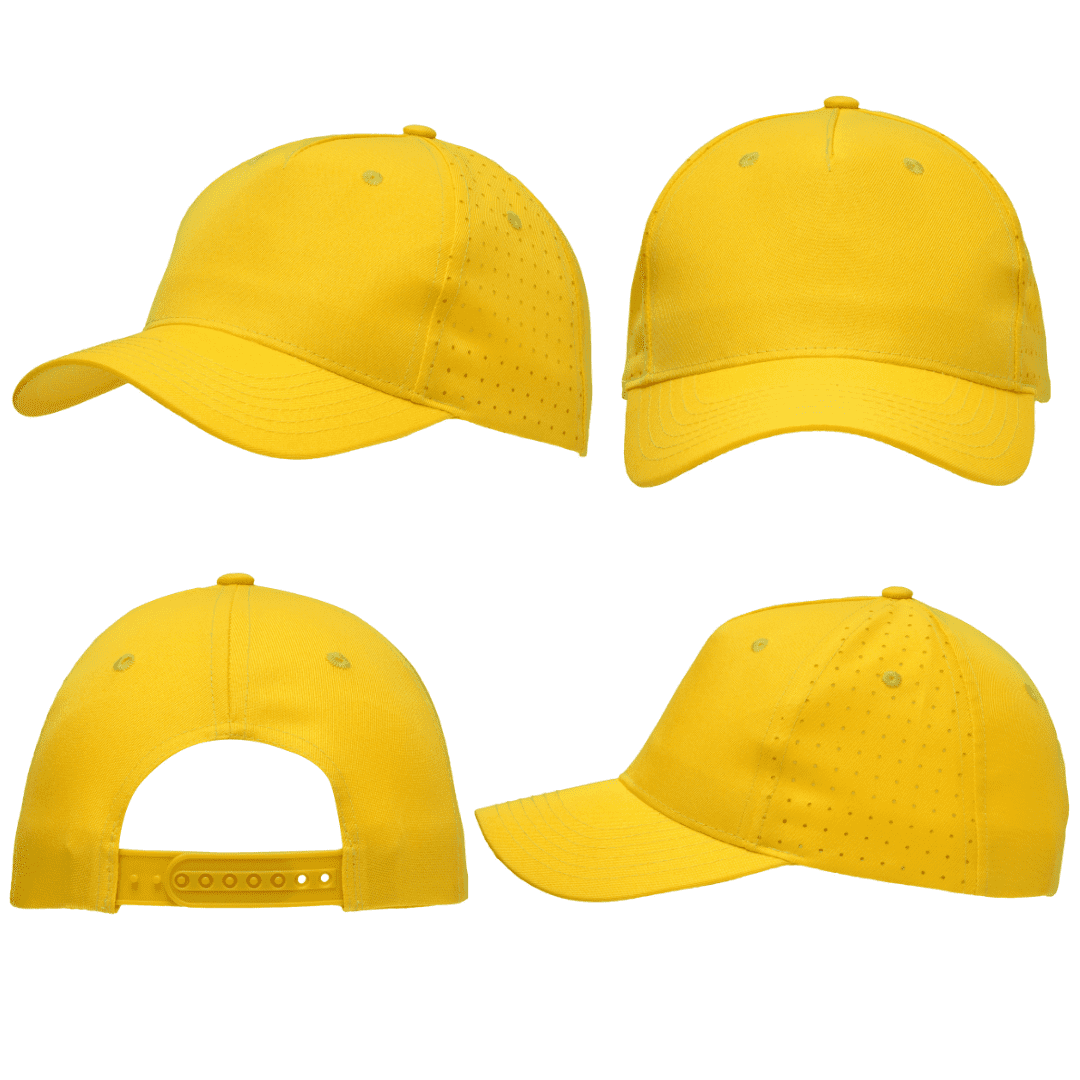 Breathable Poly Twill with circle perforations HE-3976 A yellow cap featuring breathable poly twill material with circle perforations and a rear adjustable strap.