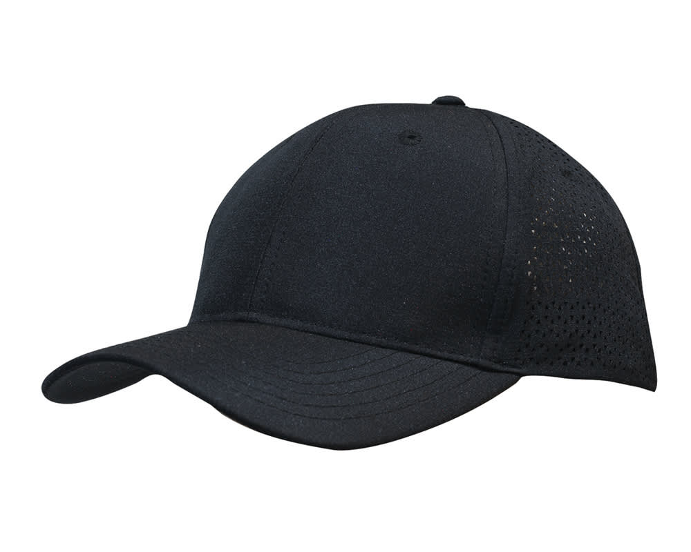 Sports Ripstop Twill with triangle perforations HE-3977 A black cap made from Sports Ripstop Twill with triangle perforations and a logo on the side.