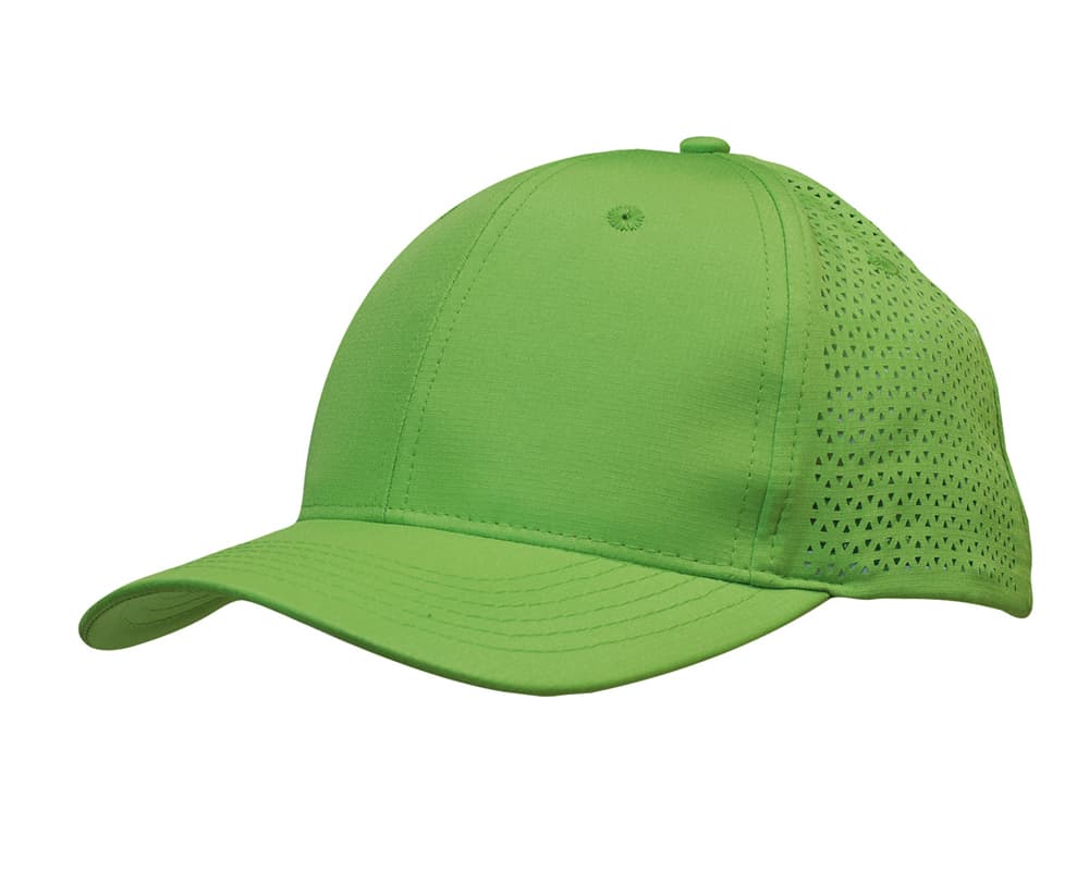 Sports Ripstop Twill with triangle perforations HE-3977 A green cap with triangle perforations on the side and a curved brim, featuring a logo.