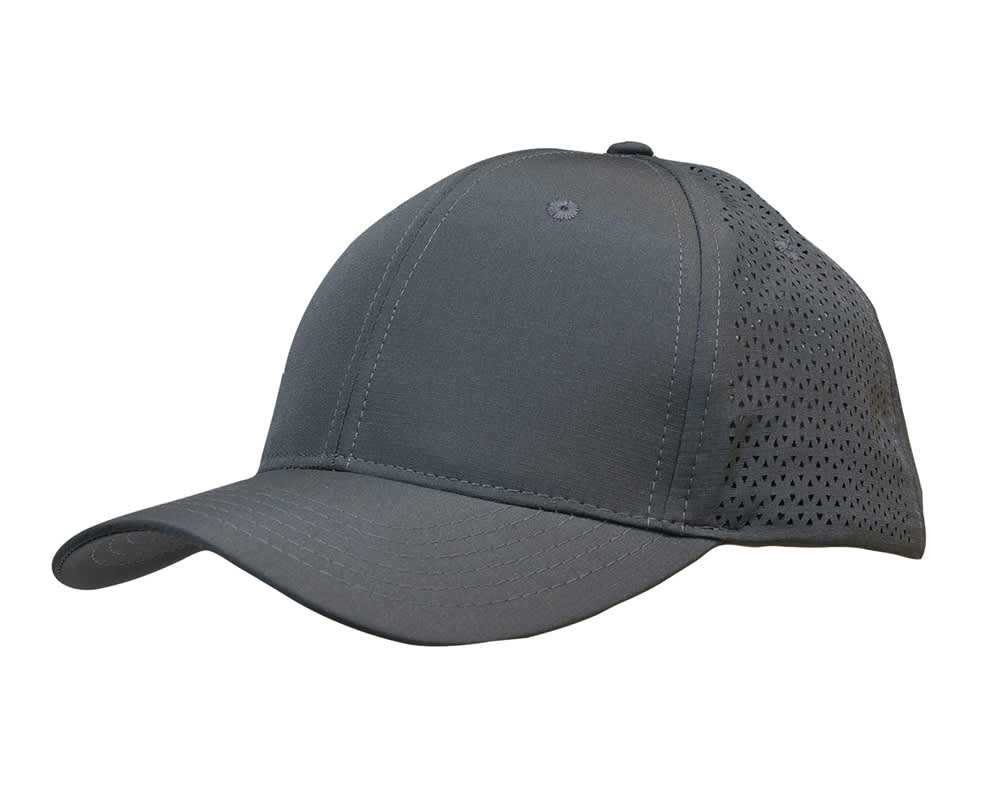 Sports Ripstop Twill with triangle perforations HE-3977 A grey cap made of ripstop twill featuring triangle perforations, with a curved brim and a branding logo.