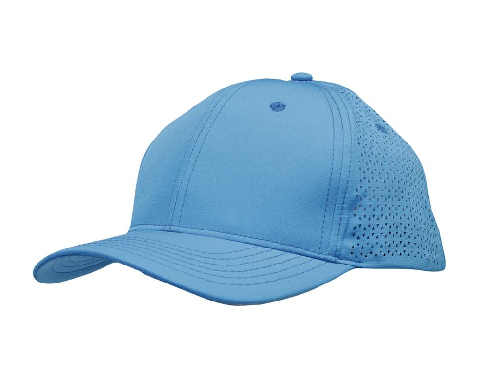 Sports Ripstop Twill with triangle perforations HE-3977 A blue cap made from ripstop twill with triangle perforations and a logo on the side.