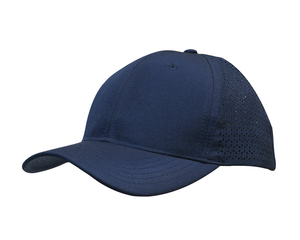 Sports Ripstop Twill with triangle perforations HE-3977 A navy cap featuring triangle perforations on the sides and a curved brim, complete with a logo.