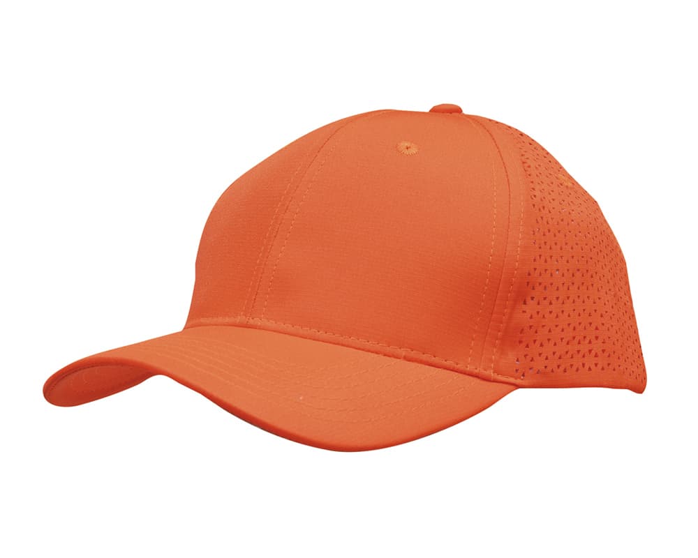 Sports Ripstop Twill with triangle perforations HE-3977 An orange cap made from Sports Ripstop Twill featuring triangle perforations and a logo.