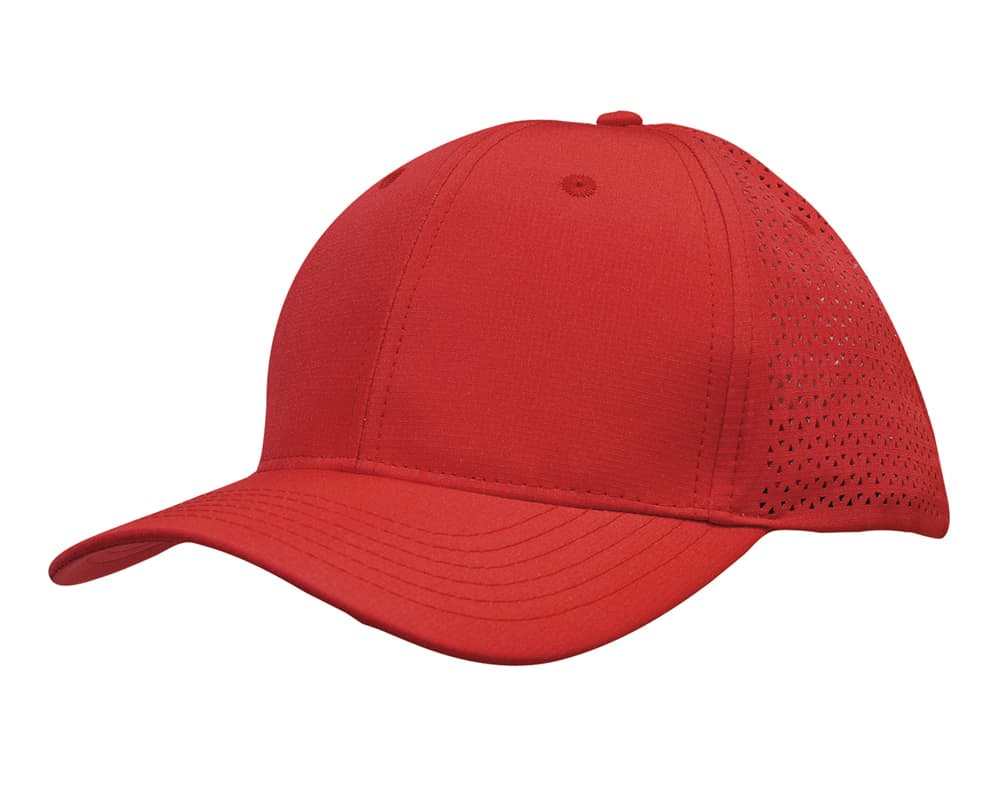 Sports Ripstop Twill with triangle perforations HE-3977 A red cap featuring triangle perforations on the side and a logo on the front.
