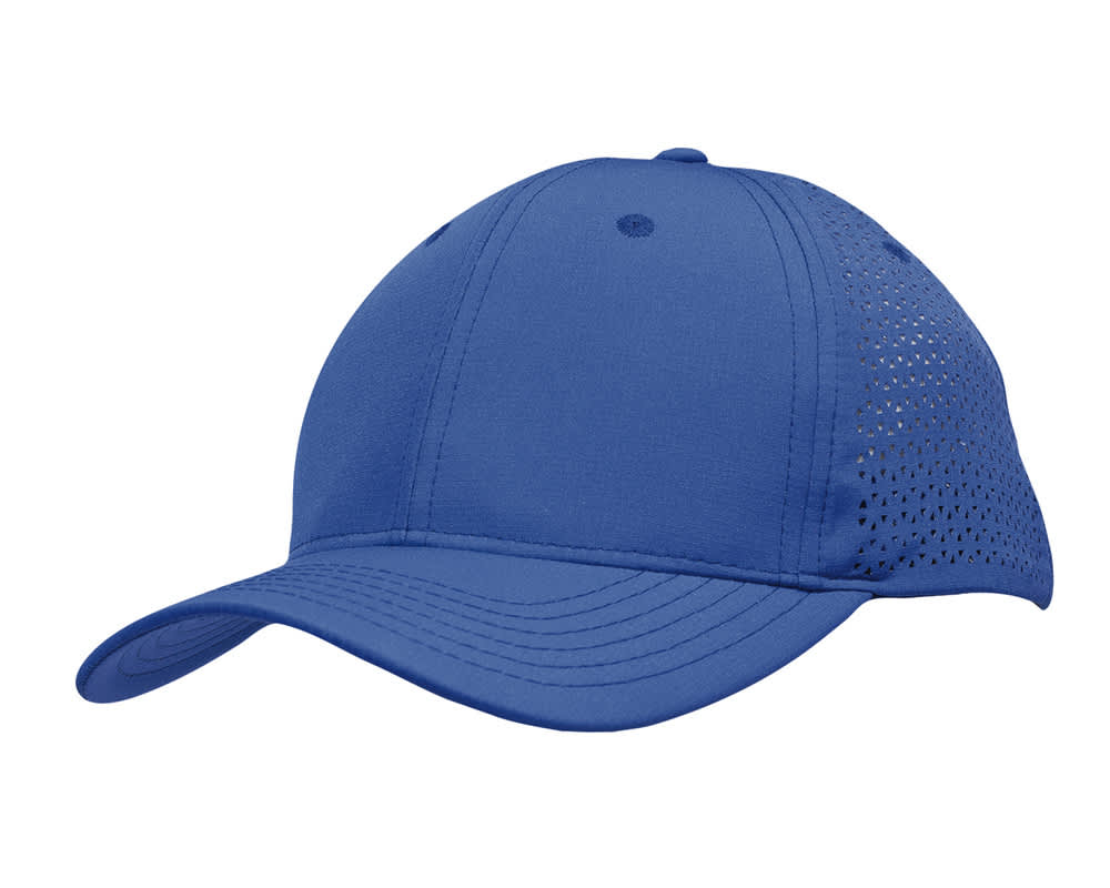 Sports Ripstop Twill with triangle perforations HE-3977 A blue cap featuring triangle perforations on the side and a curved brim. It has a logo.
