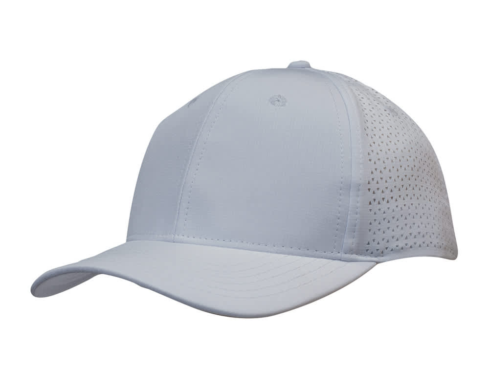 Sports Ripstop Twill with triangle perforations HE-3977 A white cap made from sports ripstop twill, featuring triangle perforations and a branded logo.