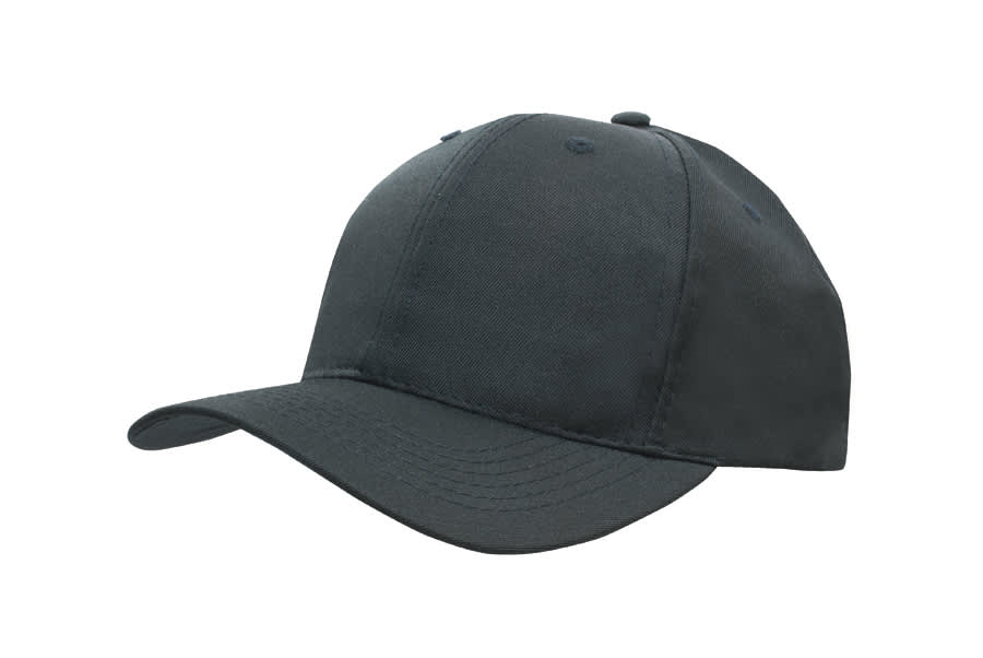 Recycled Breathable Poly Twill Cap HE-3980 A dark grey recycled breathable poly twill cap featuring a logo on the front.