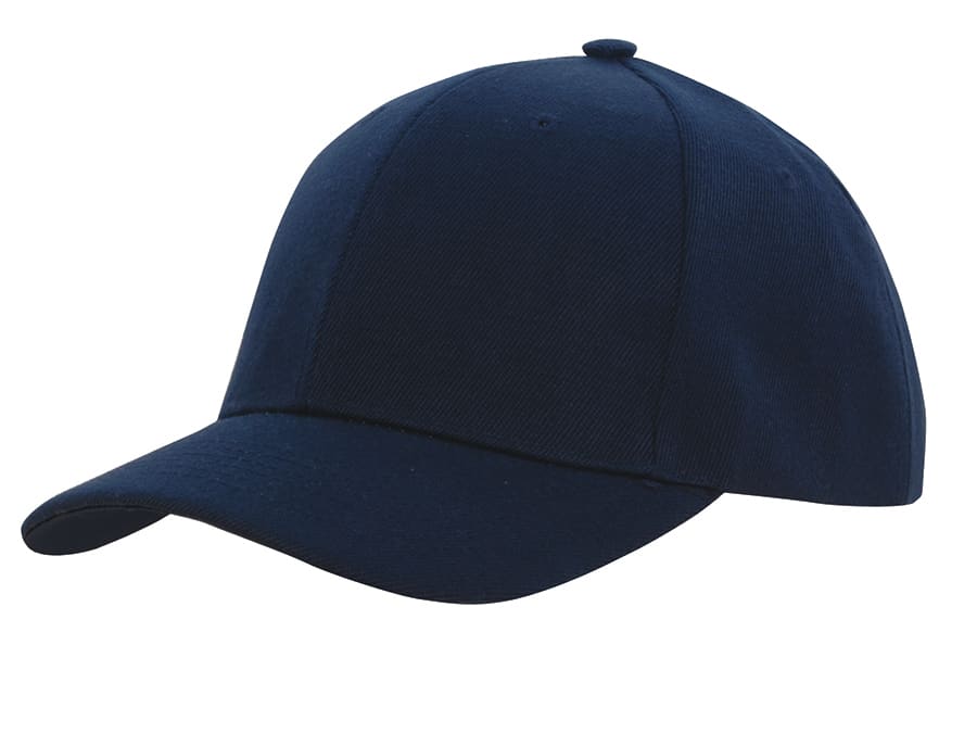 Premium American Recycled Twill Cap HE-3981 A navy blue cap with a curved brim and a seamless crown design, featuring a logo on the front.