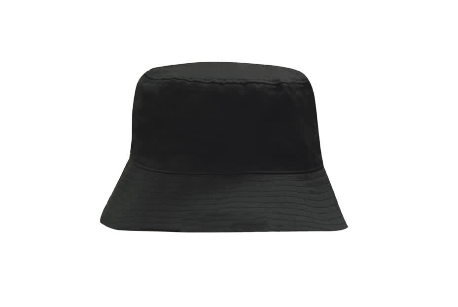 Recycled Breathable Poly twill Bucket Hat HE-3983 A black recycled breathable poly twill bucket hat with a wide brim and a simple design. It features a logo.