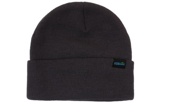 Recycled Roll Up Beanie HE-3984 A black recycled roll-up beanie featuring a small logo on the side. Soft, knitted fabric designed for headwear.
