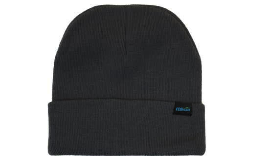 Recycled Roll Up Beanie HE-3984 A grey beanie with a folded cuff and a small logo tag. Made with recycled materials.