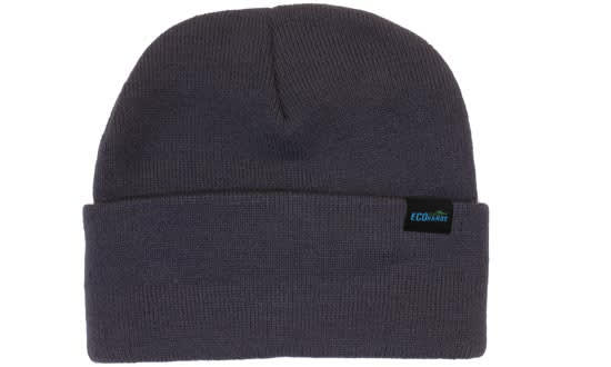 Recycled Roll Up Beanie HE-3984 A dark grey beanie with a folded cuff and a small logo tag. Suitable for casual headwear.