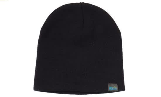 Recycled Roll Down Beanie HE-3985 A black roll down beanie made from recycled materials, featuring a small logo tag.