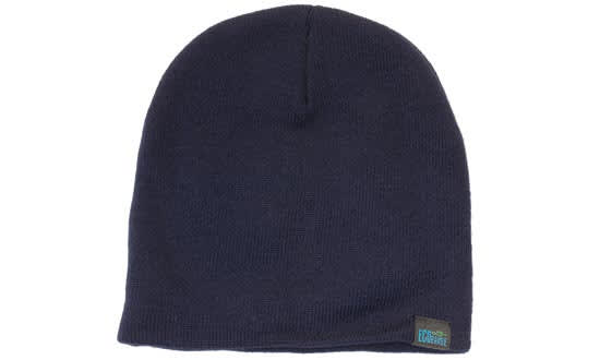 Recycled Roll Down Beanie HE-3985 A navy beanie with a snug fit, featuring a small logo tag on the side.