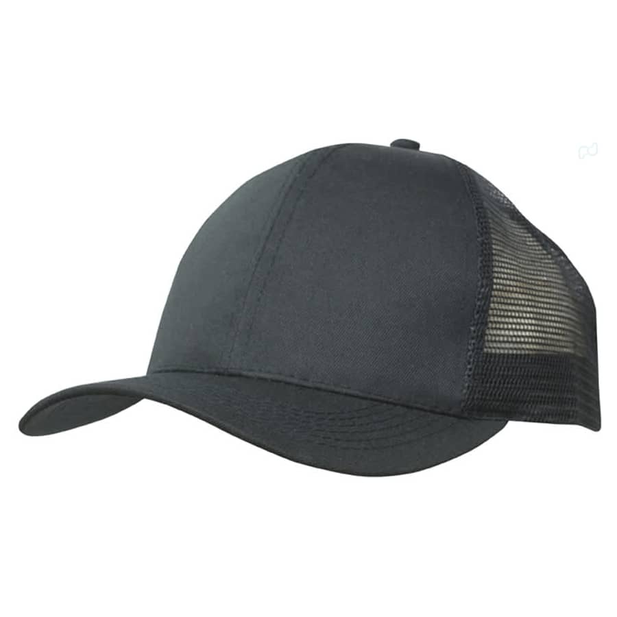 Organic brushed Heavy Cotton/Mesh Back Cap HE-3987 A black organic brushed heavy cotton cap with a mesh back, featuring a logo on the front.