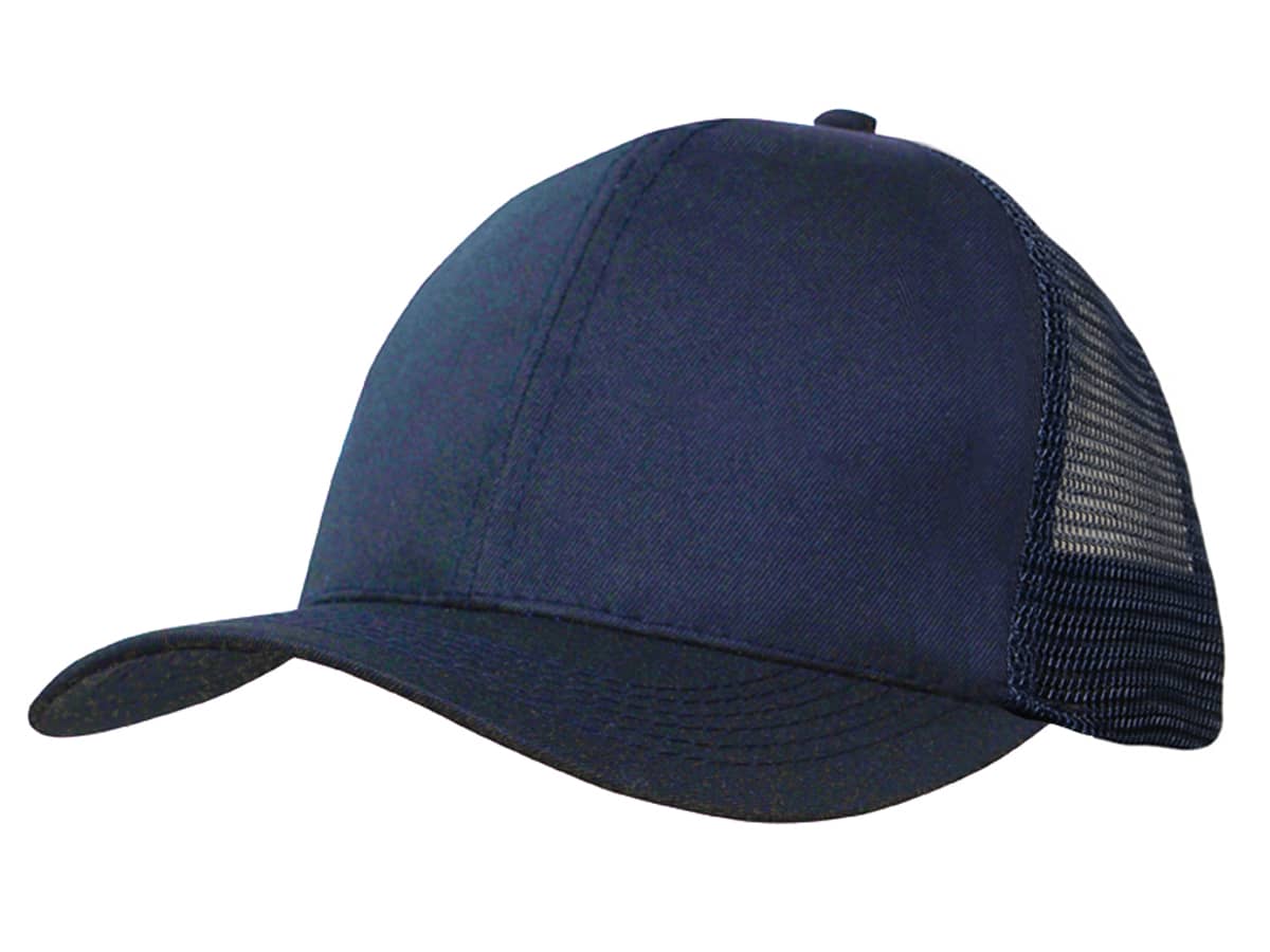 Organic brushed Heavy Cotton/Mesh Back Cap HE-3987 A navy blue organic brushed heavy cotton cap with a mesh back and a curved peak, featuring a logo.