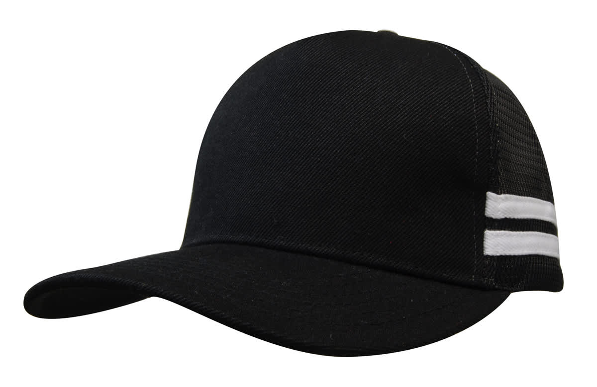 American Premium Twill/Mesh Deep Fit Trucker with Stripes HE-3995 A black trucker cap featuring a twill front and mesh back, with white striped accents on the side and a logo.
